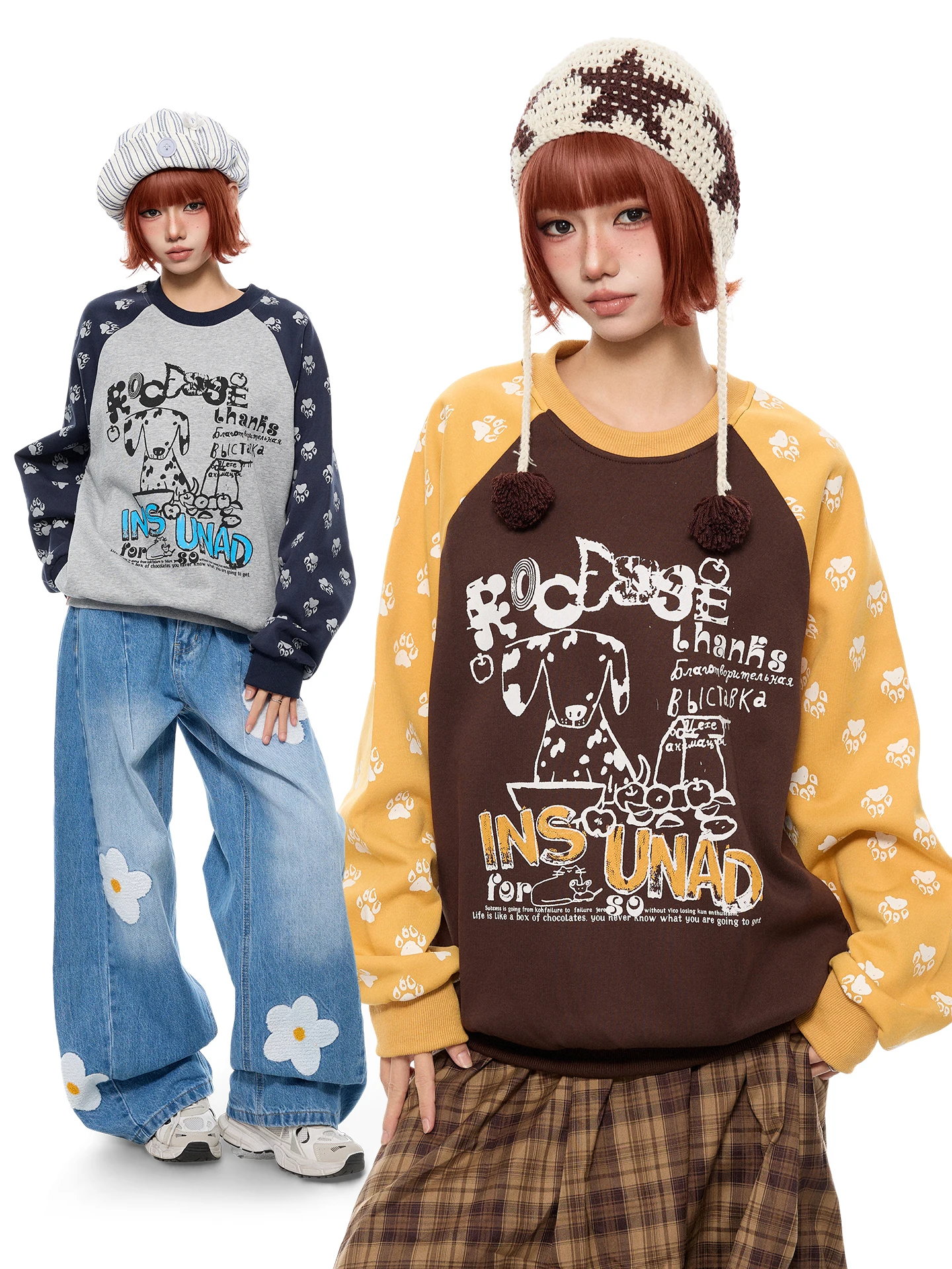 K787 American Retro Graffiti Spot Dog Print Long Sleeve Hoodie Unisex Loose Fit Comfortable Cotton Polyester Youth Fashion