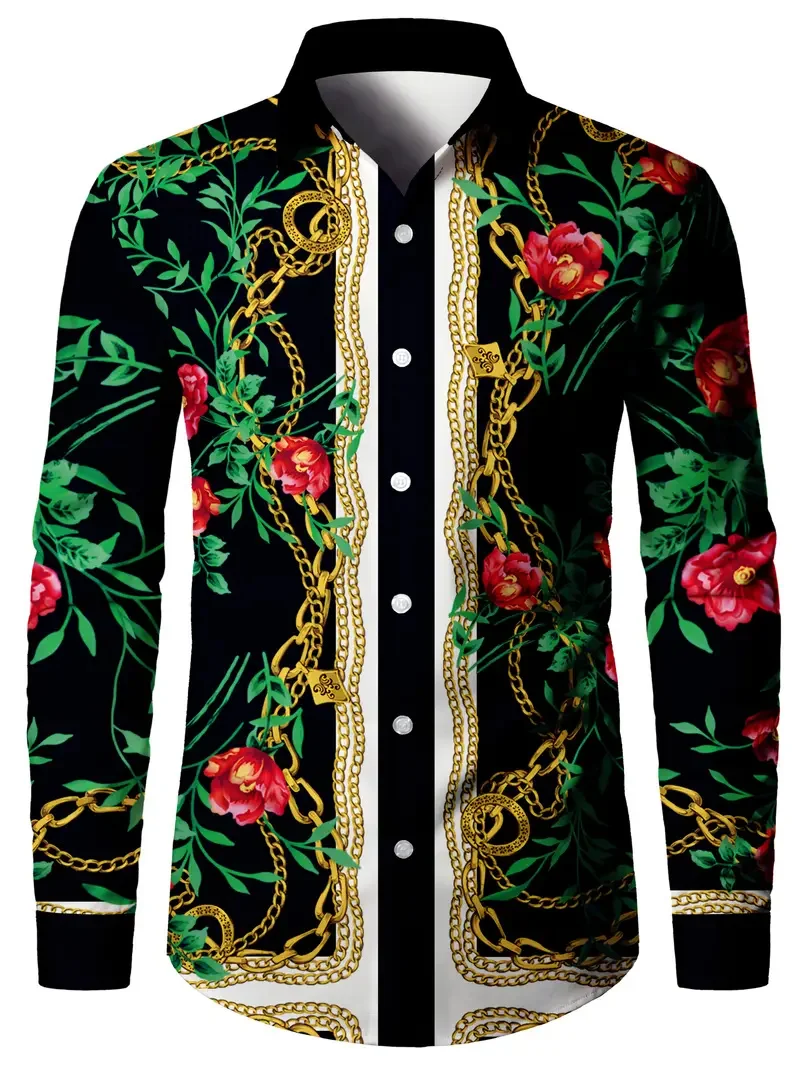 Summer Shirt Hawaiian Men's Chain Xmas Shirt Beach Holiday Long Sleeve Plant Business Casual Casual Men's Shirt Fashion Top
