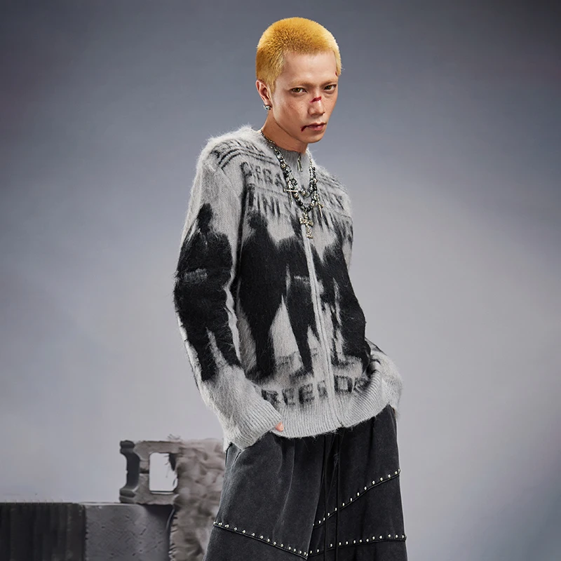 LUZHEN 2026 Winter Trendy Original Printed Pattern Wool Knitted Cardigan Men Stylish Handsome Long Sleeve Zipper Sweater JY9504