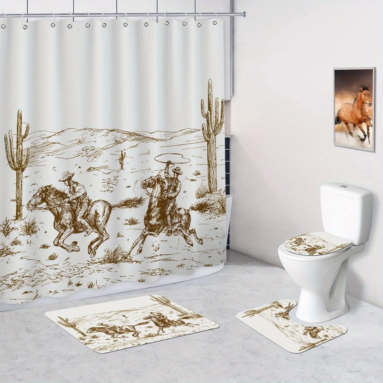 

Набор из 4 ковбойских занавесок для душа в стиле вестерн с одеялом, сиденьем для унитаза и ковриком для ванной - винтажный дизайн Mustang Desert Cactus, полиэстер