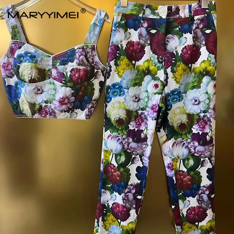 MARYYIMEI Spring Summer Women's Pure cotton Three styles Suit Top Pencil Pants Floral print Holiday Two Pieces Set