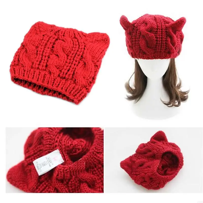 

49MB Women Devil Horns for Cat Ear Winter Beanie Crochet Braided Knit Ski Wool Ha