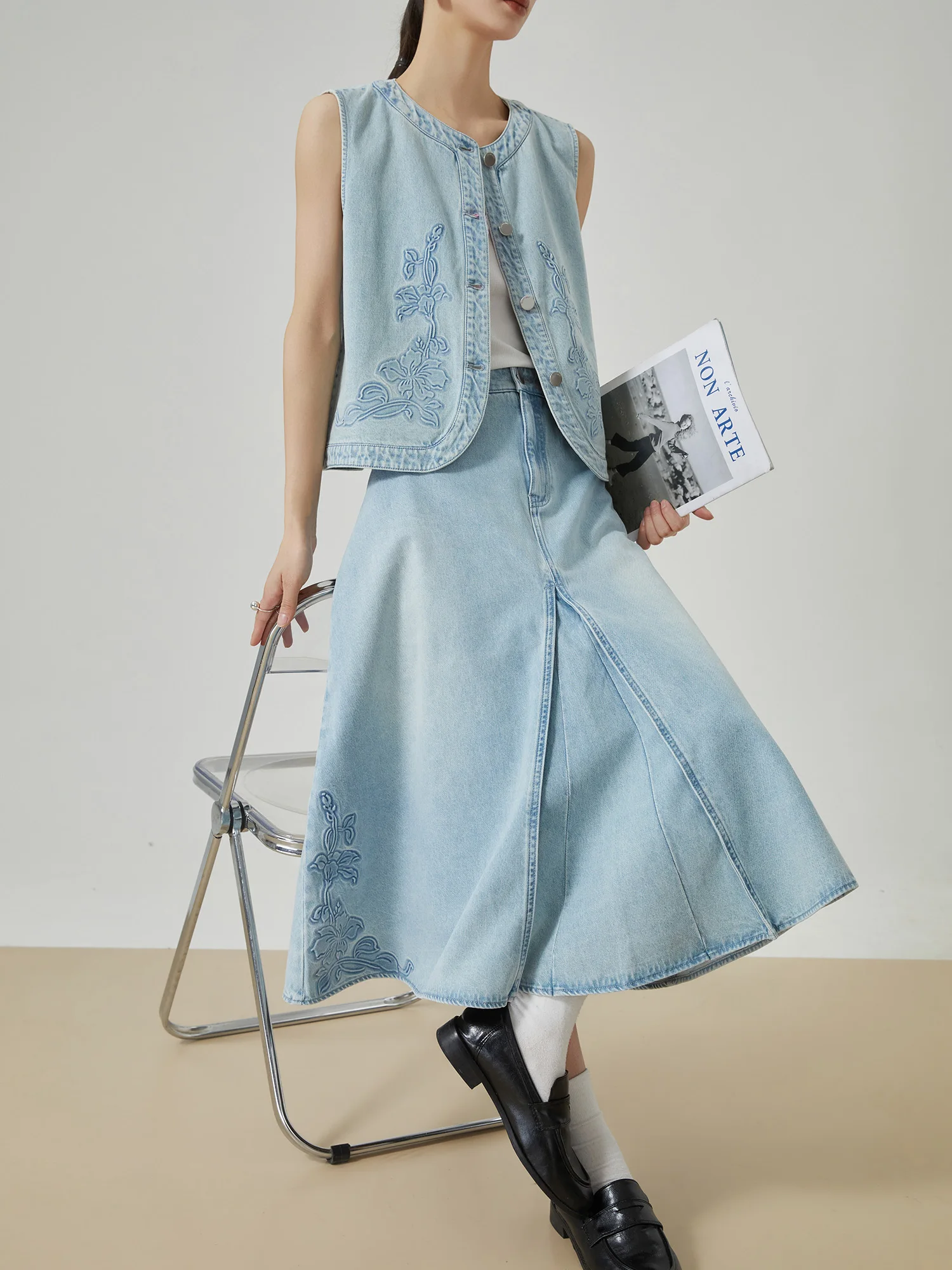 

Blue Denim Print Sleeveless Vest Half Skirt Two Piece Set Women's Versatile Summer Casual Style Fashion Set Polyester Fiber