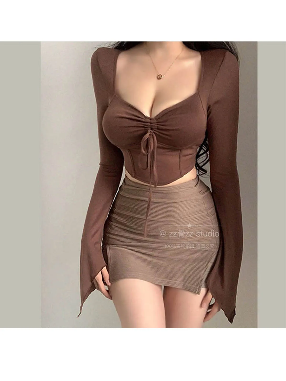 قمصان فرنسية جميلة وحار برباط بأكمام مضيئة ، رغبة نقية ناضجة ، تي شيرت بأكمام طويلة غير منتظمة ، تيشيرتات حلوة ، MD37 ، جديدة #4