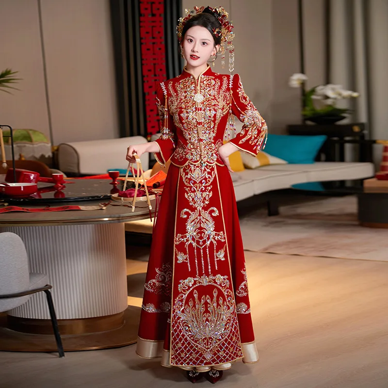 

Traditional Chinese Wedding Suit Unlined Garment Gown Bride Xiuhe Fu Luxury Dragon Phoenix Wedding Dress The Bride' Bridal Dress