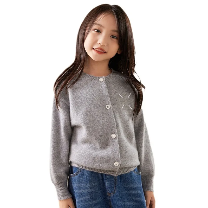 سترة صوفية جديدة لخريف وشتاء 2024 برقبة دائرية من الصوف للأولاد والبنات بنفس النمط صغير Emb #5