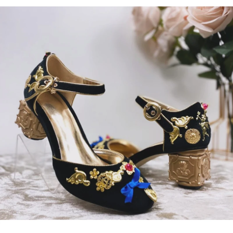 Velvet Black Ethnic Metal Round Toe Mid Squae Heel Sandals Woman Summer 2026 Blue Flower Bow Closed Toe Shaped Heel Pumps