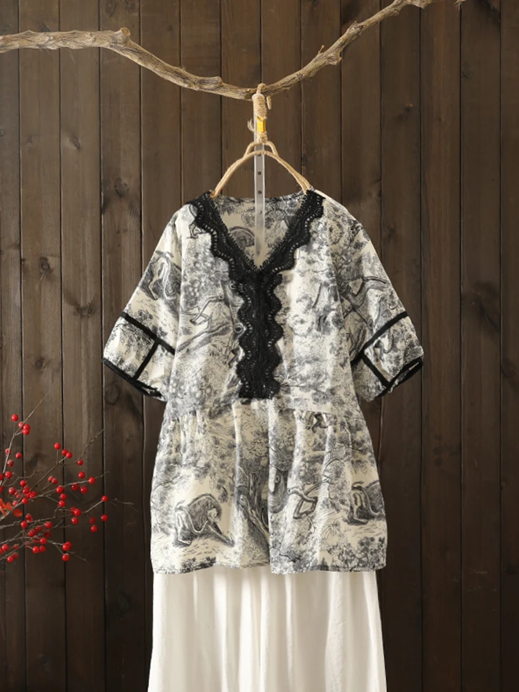 

Шифоновый топ с кружевным принтом в стиле ретро, женская утягивающая повседневная летняя блузка с v-образным вырезом ort Sve irt Faionable