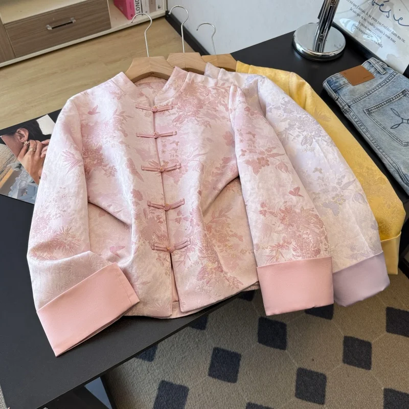 

New Chinese Sle Spring Long Sve Women's Jaet Top Heavy Embroidery Satin Surface Stand Collar Tang Costume Hanfu Outerwear