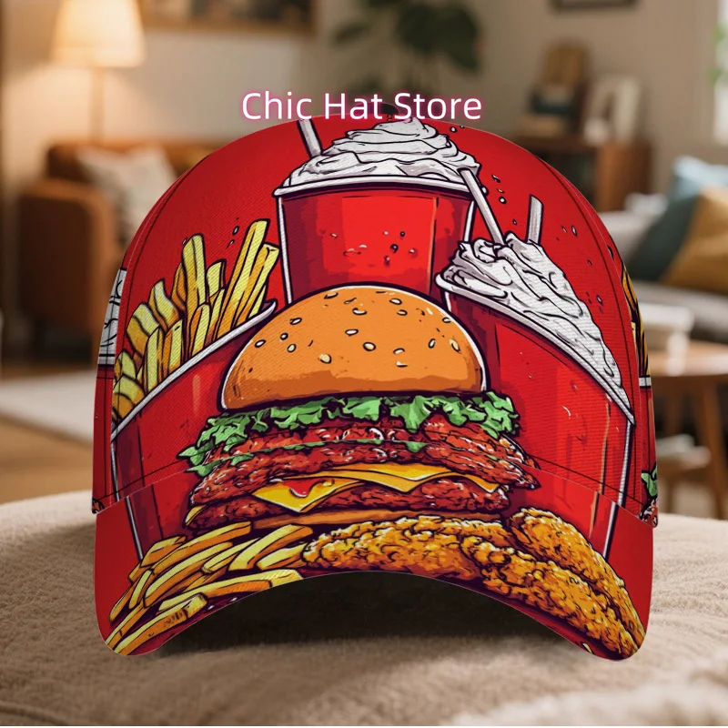 1pc Fast Food Print Baseball Cap with Burgers, Fries, Pizza & Taco Designs - Adjustable Snapback Hat for Casual Outfits, Funky F