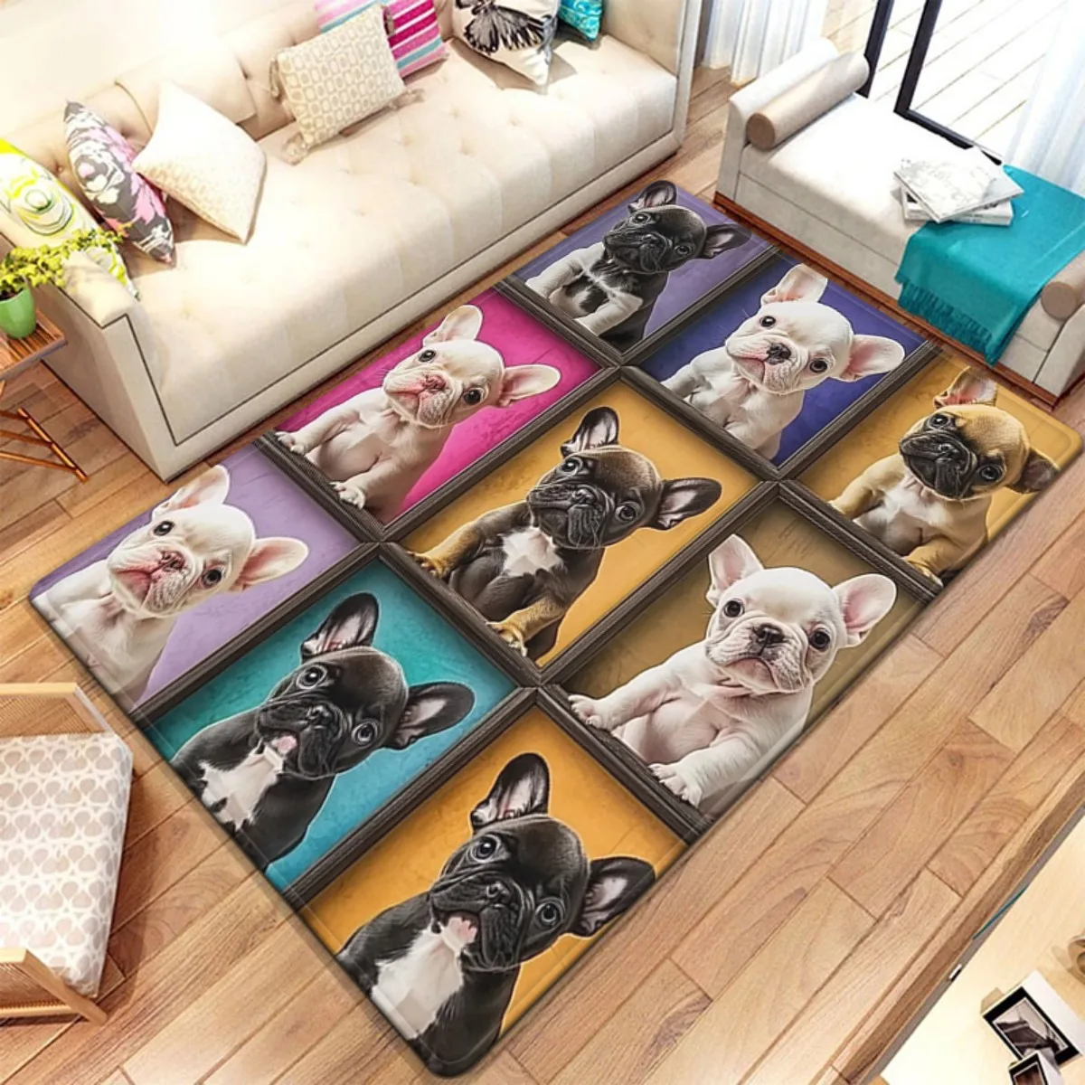 Premium Dog Face Cartoon Collage Rug Area Carpet for Living Room Decor Pet Lover French Bulldog Puppy Mat Home Accessory