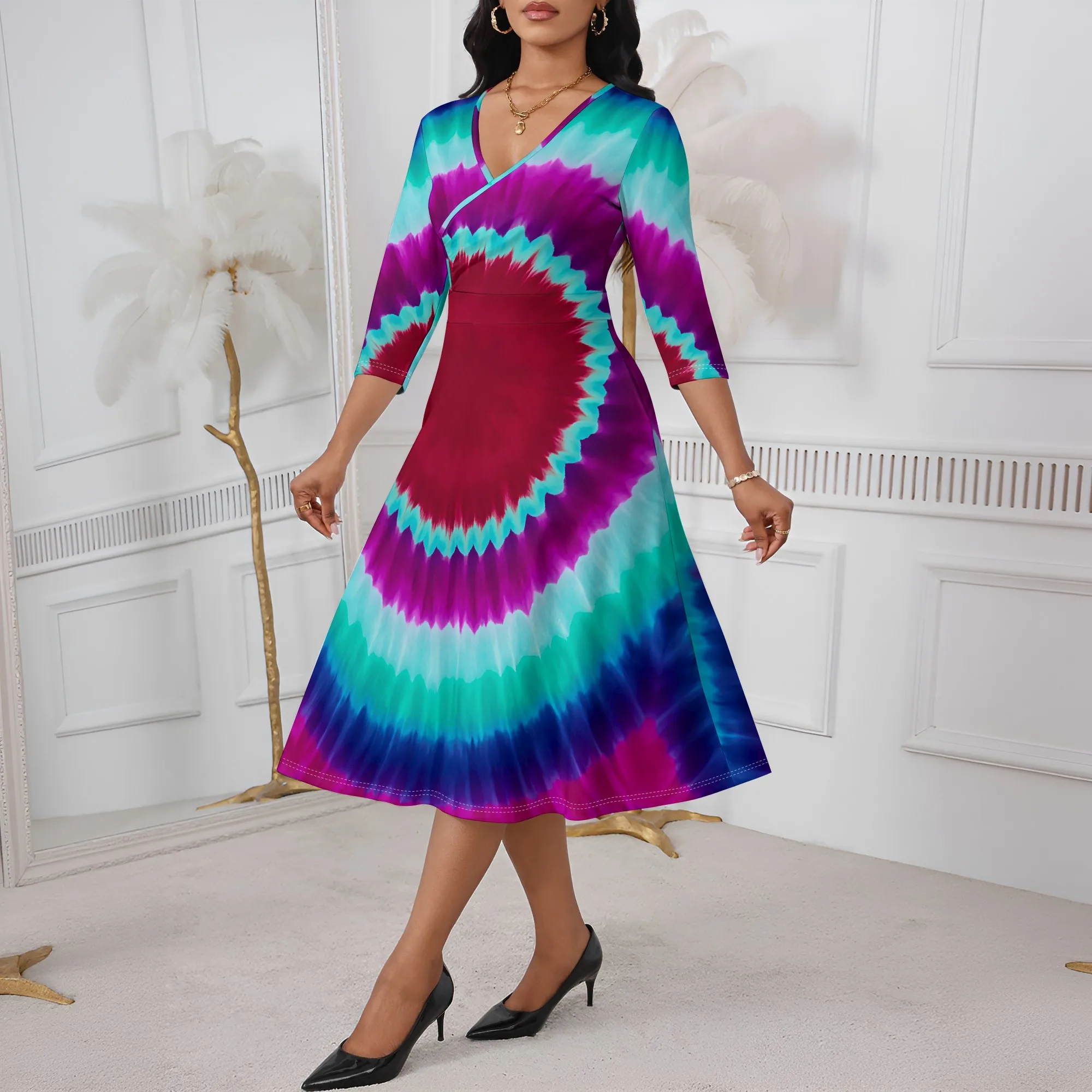 

S-3XL Spiral Tie Dye Midi Dress Women's Boho A-Line V-Neck Style for Festival, Beach Party or Retro Summer Look