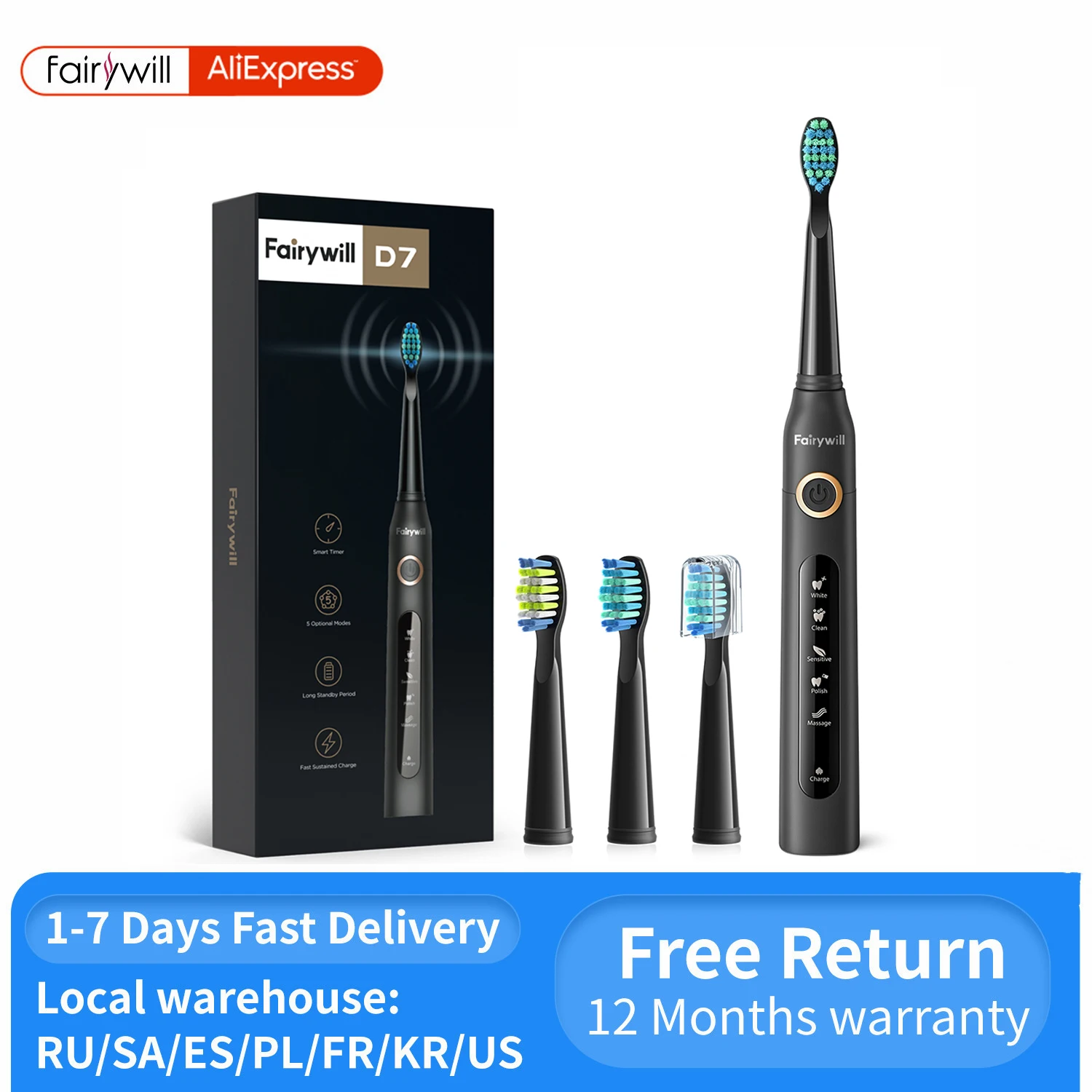 Fairywill Electric Sonic Toothbrush USB Charge FW-507 Rechargeable Waterproof Electronic Tooth Brushes Replacement Heads Adult