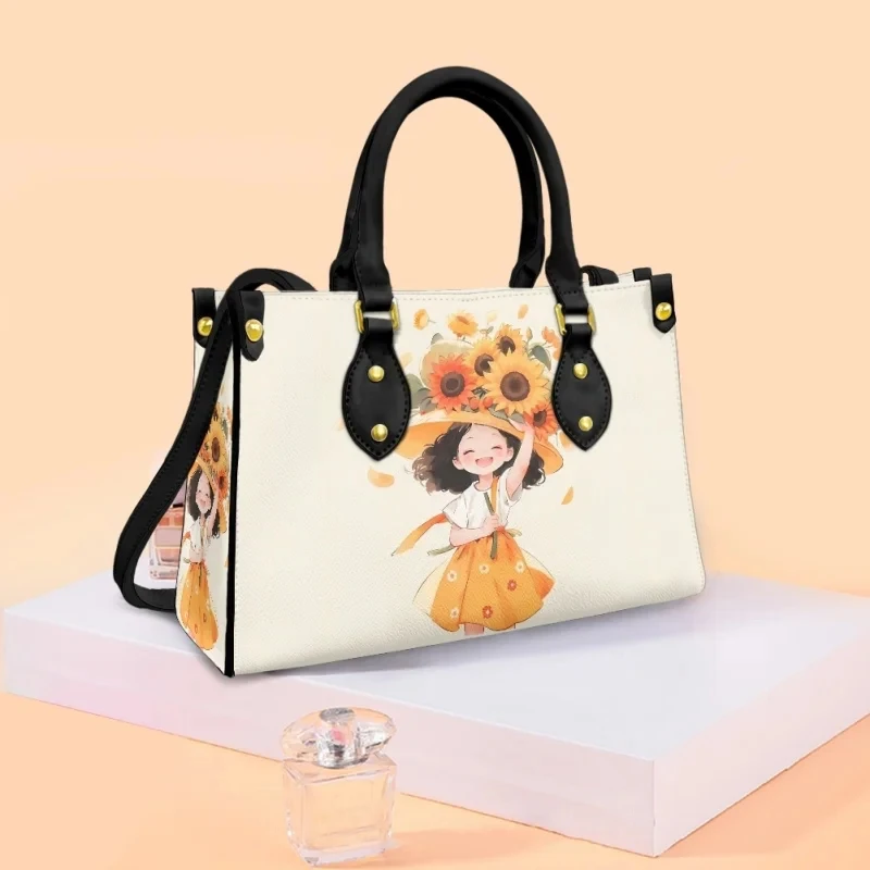 Schöne Mädchen Cartoon Design Sonnenblume Handtaschen für Frauen Mode Schulter Einkaufstasche praktische Damen Einkaufstaschen Pendel taschen