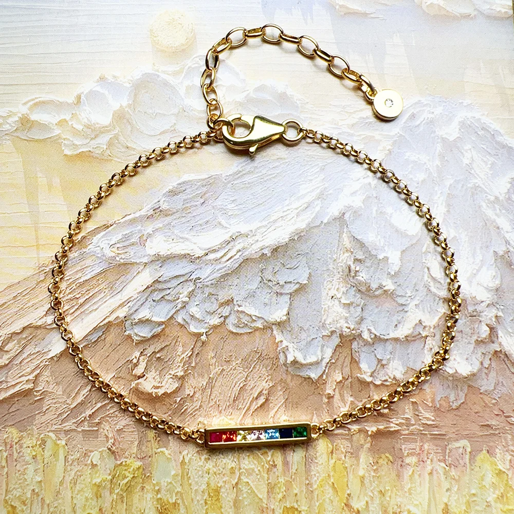 Gold Plated Bracelet Link Chain Colourful Stones 925 Sterling Silver Vintage Jewelry Europe Women Gift