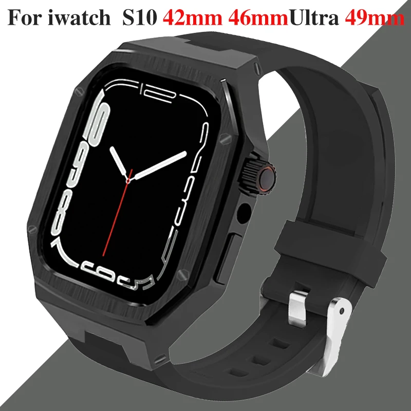 

Luxury Modification Kit For Apple Watch Ultra 1 2 49mm Stainless Steel Case Rubber Sports Strap For iWatch Series 10 42mm 46mm