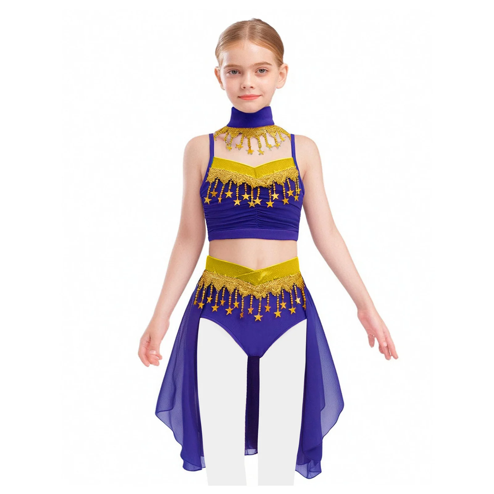 Mädchen glänzende Pailletten Bauchtanz Kostüm Quasten Crop Top mit Chiffon Rock abnehmbarer Kragen Halloween indische Bauchtanzkleidung