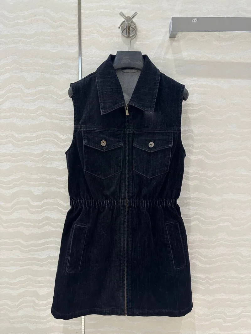 2024 Autumn New Women's Dress Fashionable and Exquisite Women's Velvet Layer Denim Tank Top Collar Elastic Dress