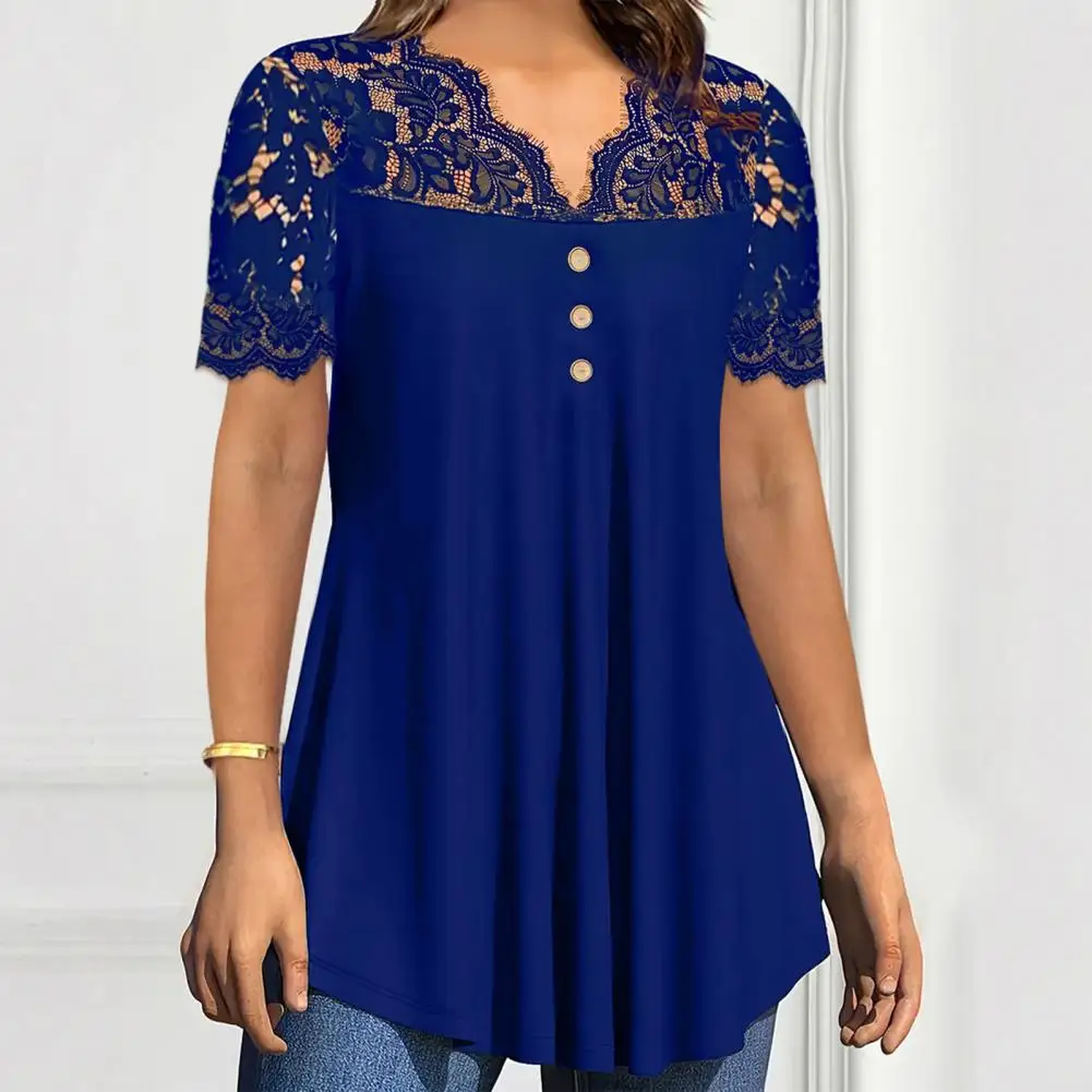 

Matte Fabric Blouse Intellectual Style Blouse Women’s V Neckline Lace Splicing Top Short Sleeve Pullover Blouse for Summer