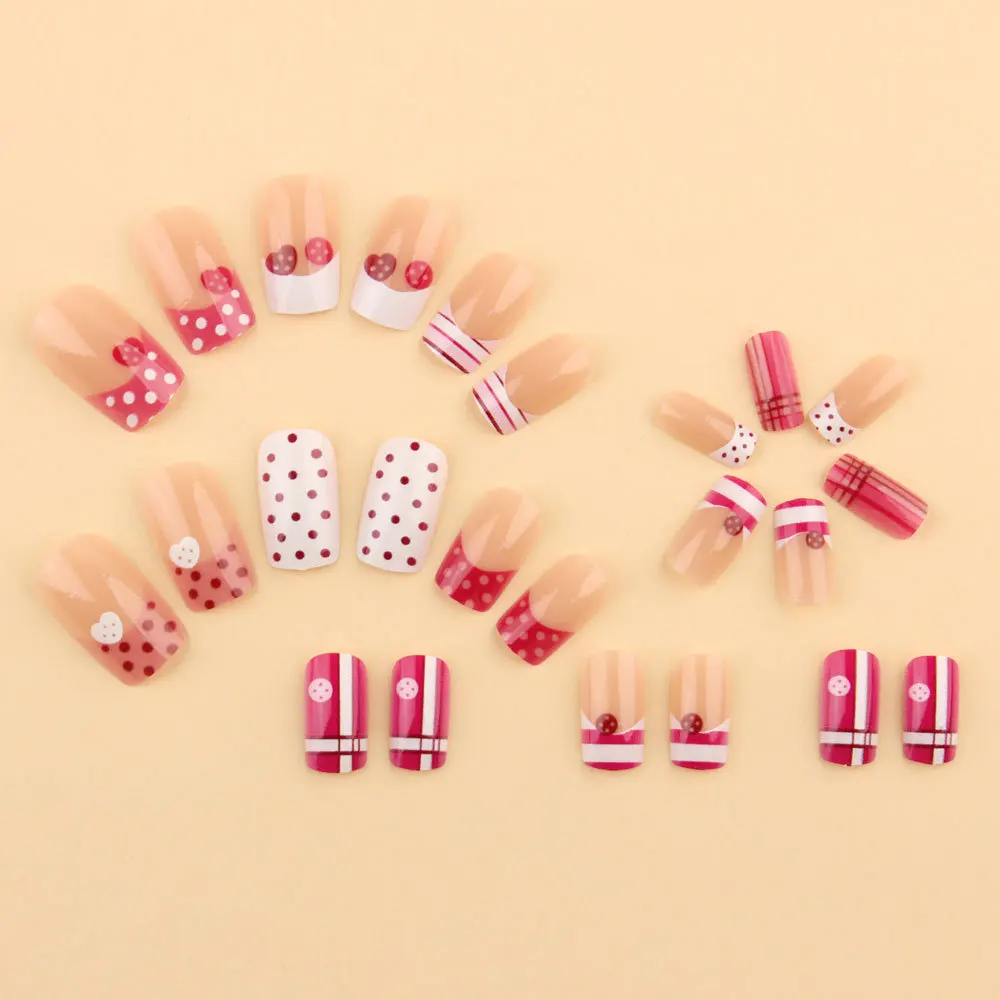 24PCS Pink White Square Press on Nails Polka Dot Plaid Heart Button Print Fake Nails French Sweet Gentle Style Reusable Manicure