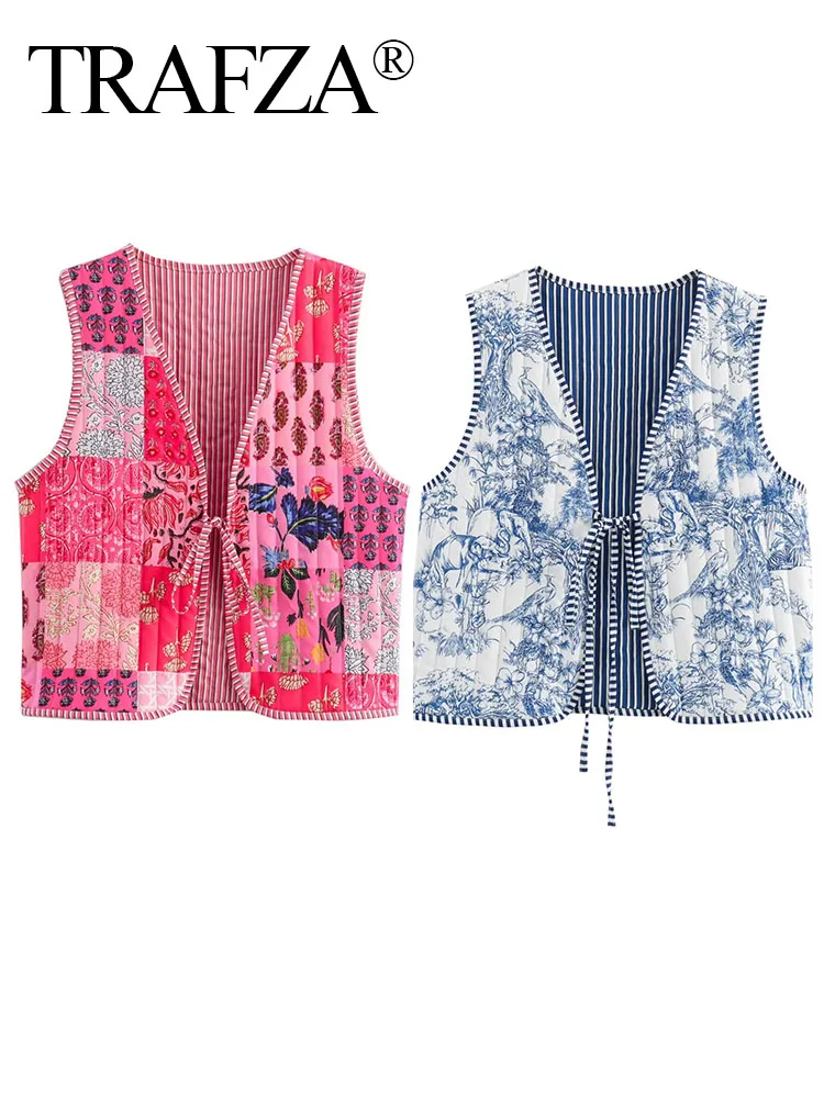 

TRAFZA Woman Winter Vintage Printed Sleeveless V Neck Cotton Vest Female Fashion Casual Drawstring Waistcoat Loose Street Tops