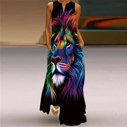 Vintage Print Party Dress For Women Summer Loose Sleeveless Elegant Lady V Neck Pocket Long Dresses Boho Beach Sundress Vestidos