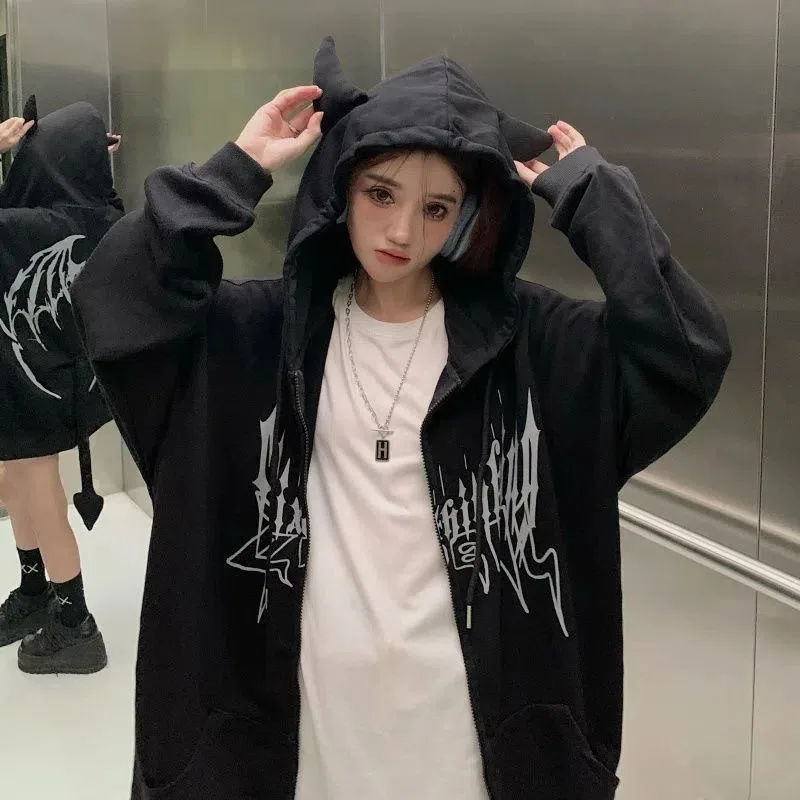 Print Hooded Sweatshirts Women Autumn Plus Velvet Thicker Little Monster Design Zip Up American Retro Hoodies Gothic High Street