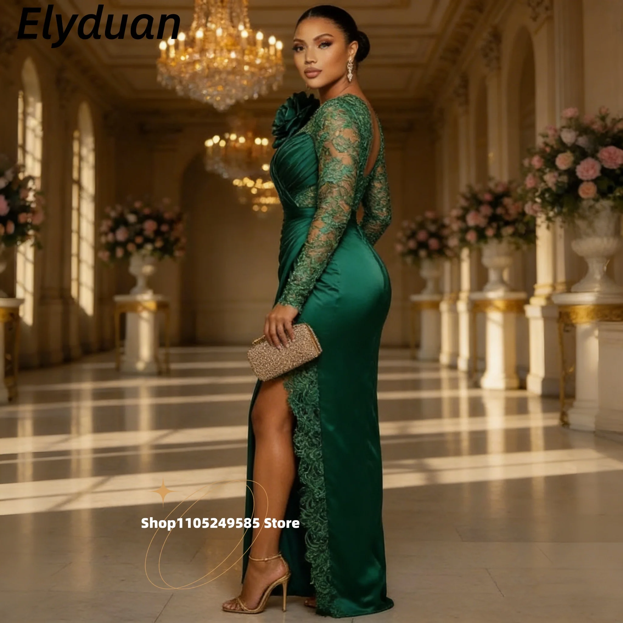Elegant Dark Green Sheath Mother Of Bride Dresses Side Slit Flower Lace Satin Prom Party Formal Wedding Guest Gowns Customized