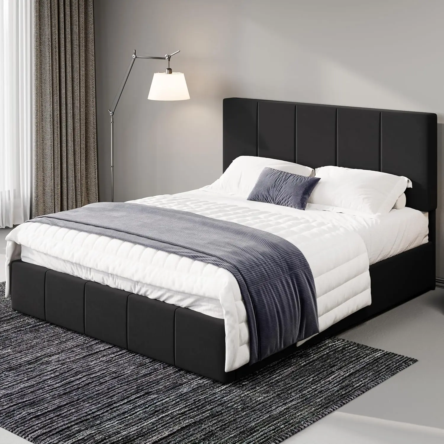 Allewie Full Size Dutch Velvet Upholstered Platform Bed Frame/Vertical Channel Tufted Adjustable Headboard, Customized