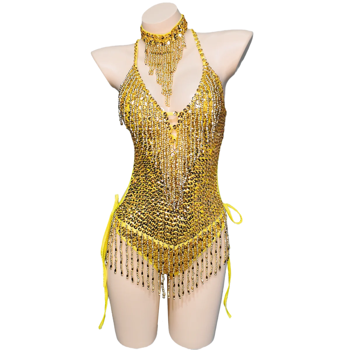 Sexy Tassel Backless Sequin Party Bodysuit Women Bodycon Romper Beading Sequin Stage Performance Beachwear One-Piece Bodysuit