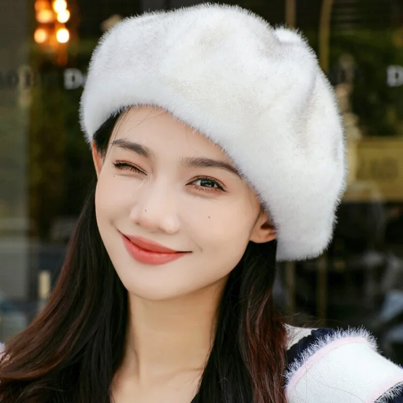 Women Mink Fur Fuzzy Beret Winter Warm Windproof Octagonal Cap Fashion Elegant Lady Morandi Color Scheme Beanie Painter's Hats