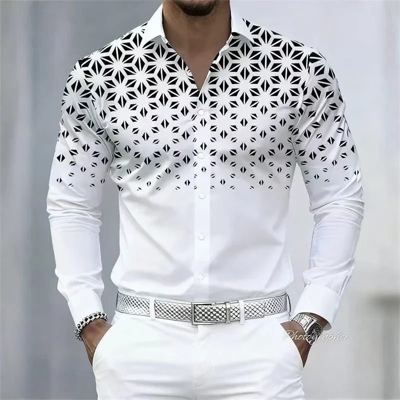 Hot Sale Premium Men's Long Sleeve Geometric Print Shirt Casual Elegant Comfortable Breathable