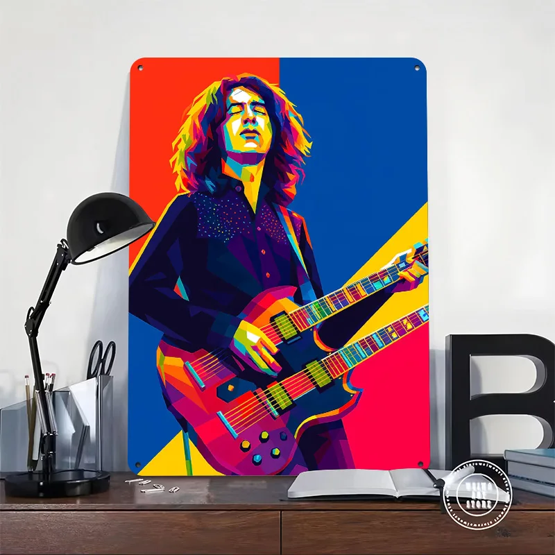 Jimmy Page Colorful Pop Art Portrait 3D Texture Metal Poster Customized Wall Art Tin Sign Gift for Mancave Article Decoration