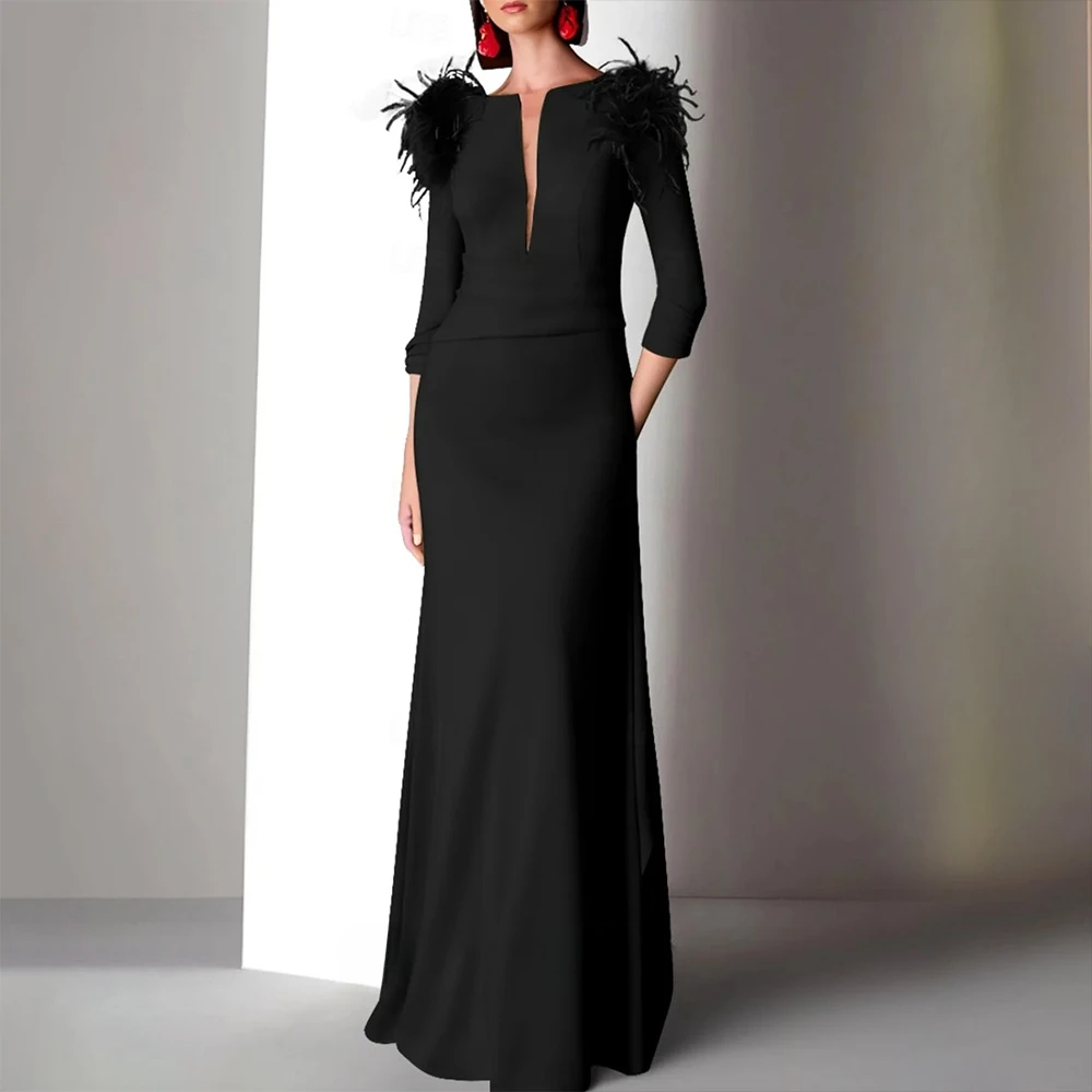 

Black Prom Dress for Women V-neck Feather 3/4 Sleeves Wedding Guest Dress Open Back Mermaid Elegant Party Dress Customized