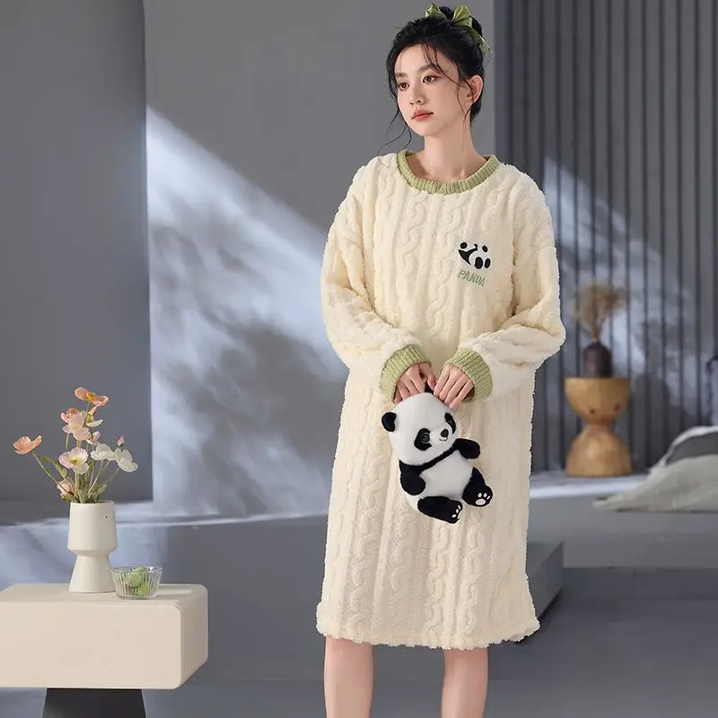 

2025 Winter Long Sleeve Thick Warm Flannel Nightgown For Women Cute Cartoon Coral Velvet Sleepwear Nightdress Night Dress Nighty