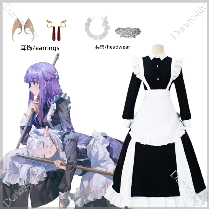 Disfraz de Cosplay de Frieren, Traje de Sirvienta de Philon, Vestido Clásico de Sirvienta en Blanco y Negro, Incluye Accesorios para la Cabeza, Pendientes, Orejas de Elfo y Leggings