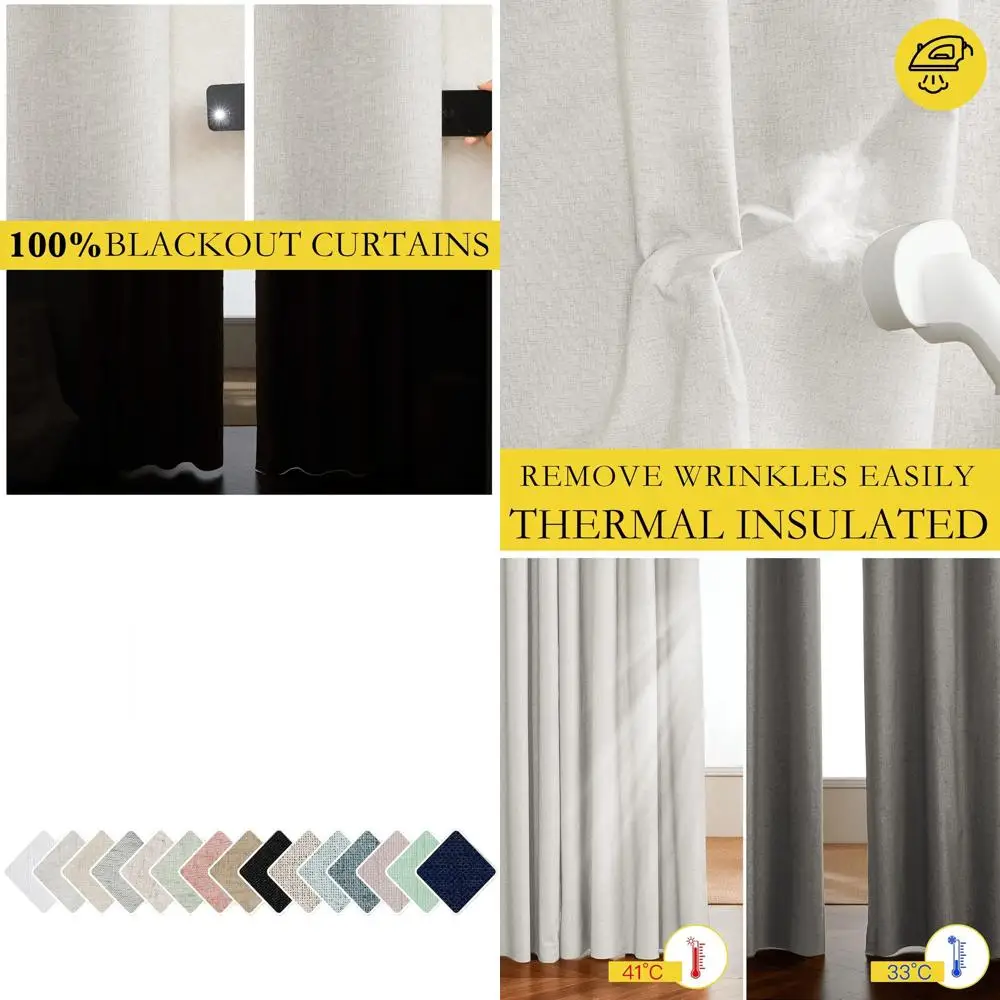 

Thermally Insulated Blackout Linen Curtains with White Noise-Reducing Lining, Ivory, 52 x 120, 2-Pack for Classroom Windows