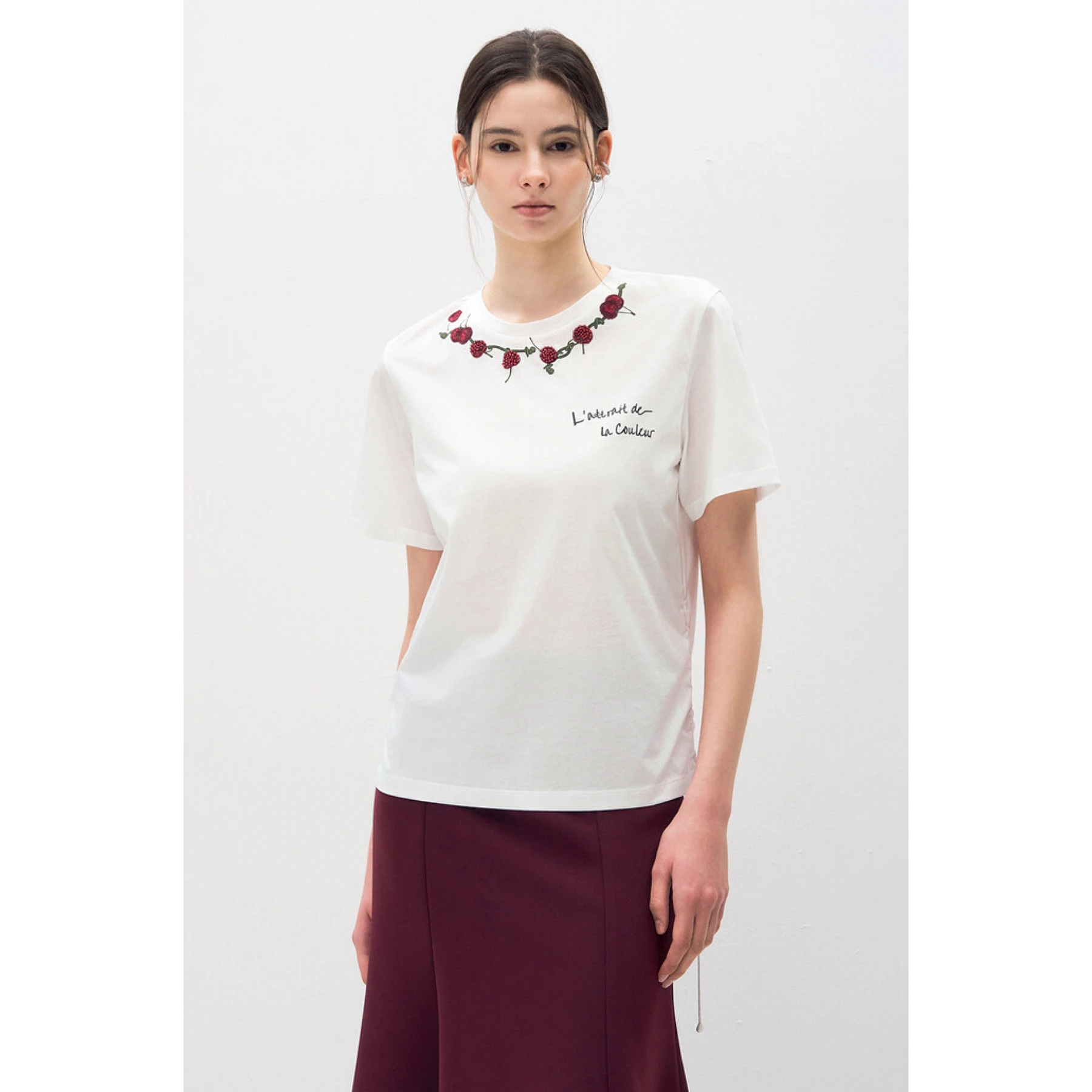 Lemon Cheese OBZ26 Summer round Neck Embroidered Beads Drawstring Waist Slimming Versatile Short Sleeve T Elegant Style Cotto...