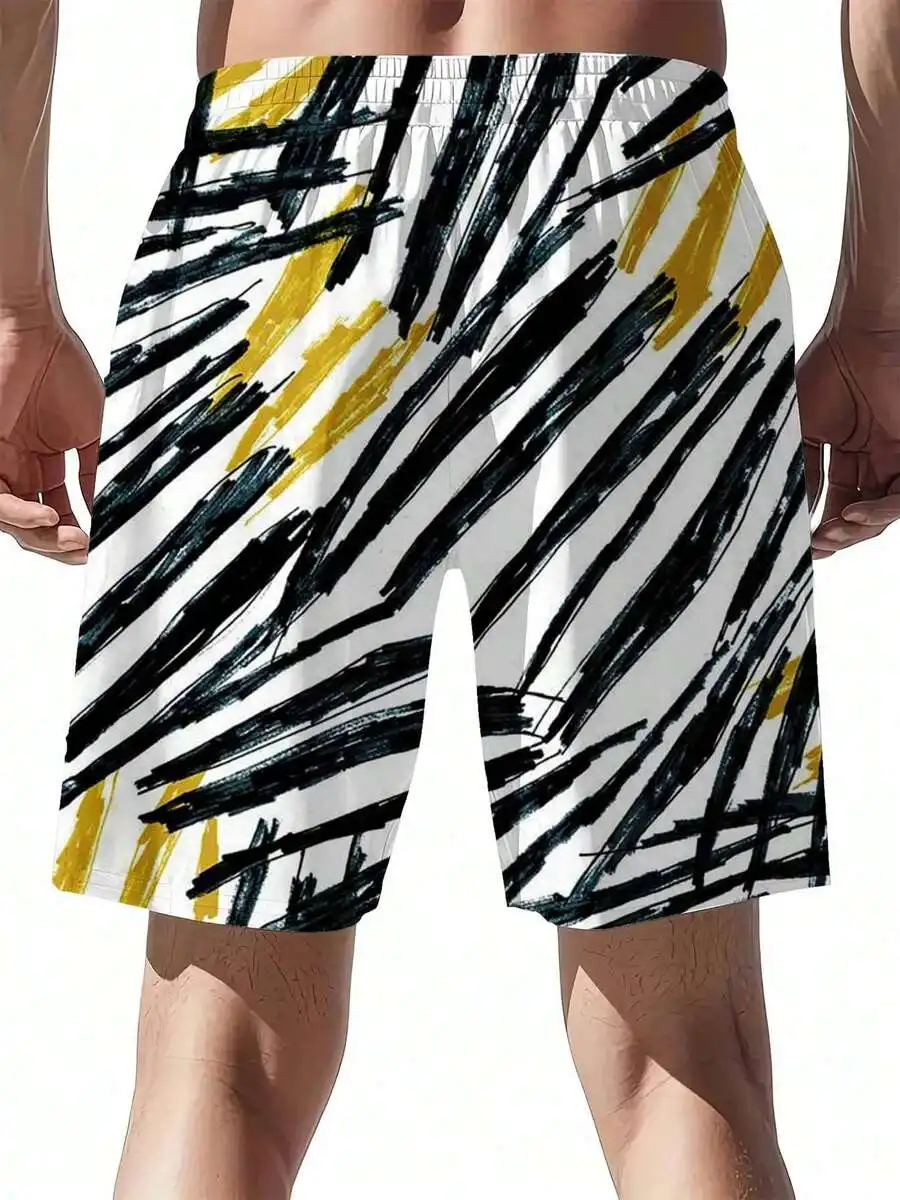 

Mens Abstract Print Swim Shorts Black White Yellow Beach Summer Outdoor Wear