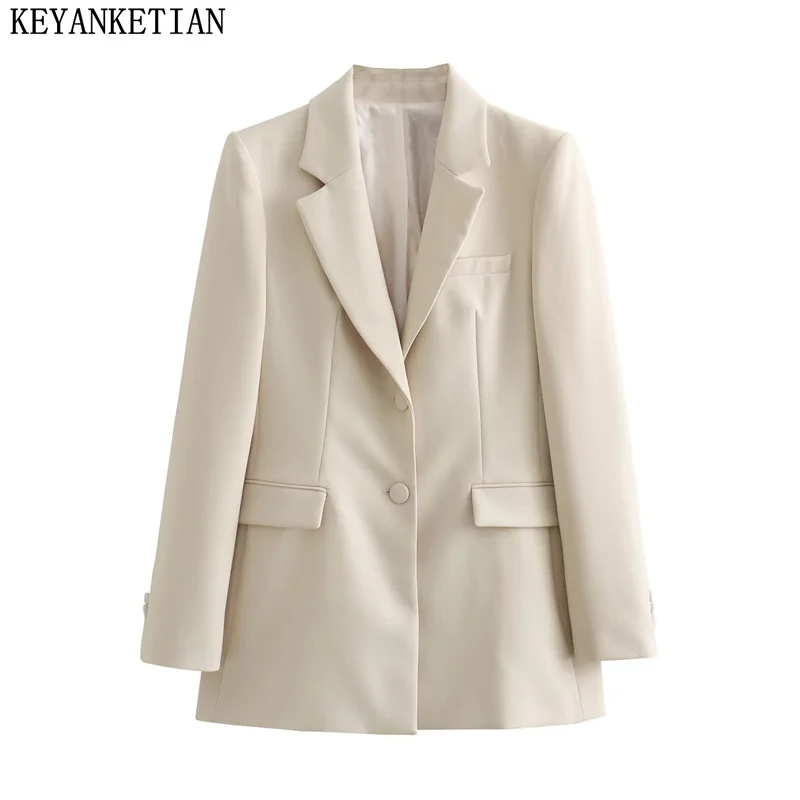 

KEYANKETIAN Autumn New Women's Beige Suit Flap Pockets Notched Collar Single Breasted Slim Outerwear Office Lady Blazer Dames