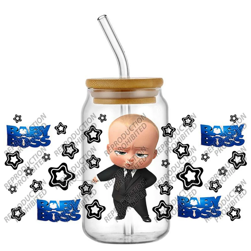 Cartoon Mini Boss UV DTF For 16oz Cup Wrap Libbey Glass Plastic Can Wraps Selfadhesive Sticker Washable DIY decoration Wraps