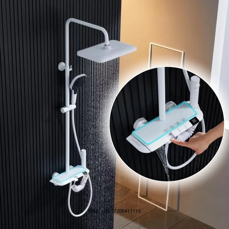 Constant Temperature Storage Piano Shower Set Ambient Light Digital Display Tempered Glass Bathroom Rain