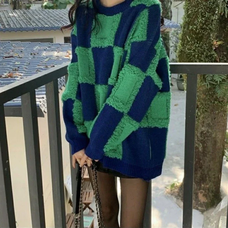 Ladies Sweaters Long Plaid Pullovers Knitted Top for Women Blue Warm Korean Style Aesthetic Autumn Winter 2024 Modern Sale Cold