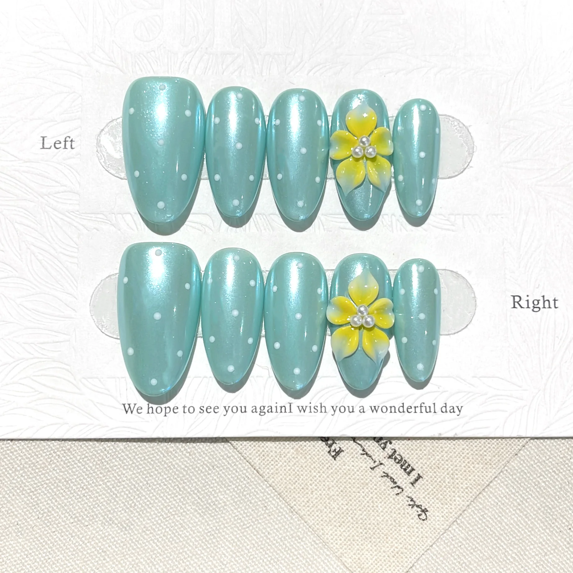 10PCS Original Handcrafted Light Cyan Cat Eye Press On Nails, 3D Flower White Polka Dot Fake Nails For Women Nail Art