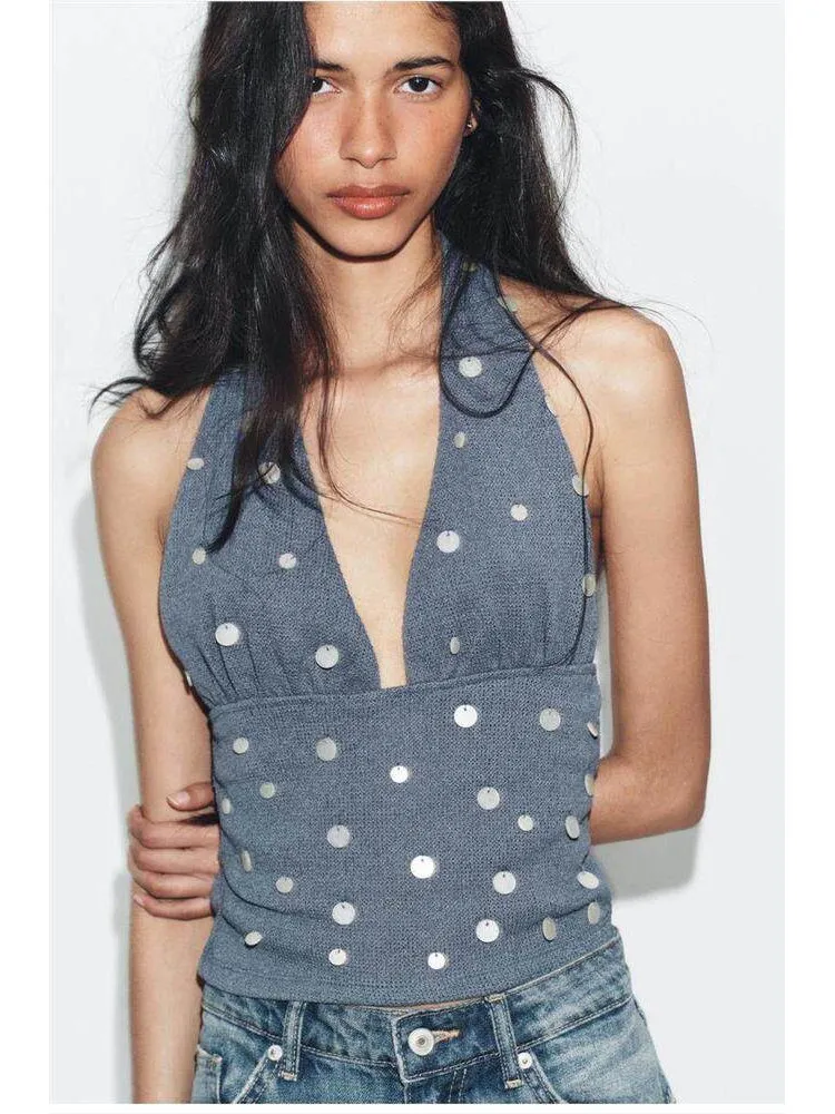 Sexy Color Block Bead Details V-Neck Hanging Neckline Top Women's Slim Fit Polyester Fiber Short Length High Elasticity Citywalk