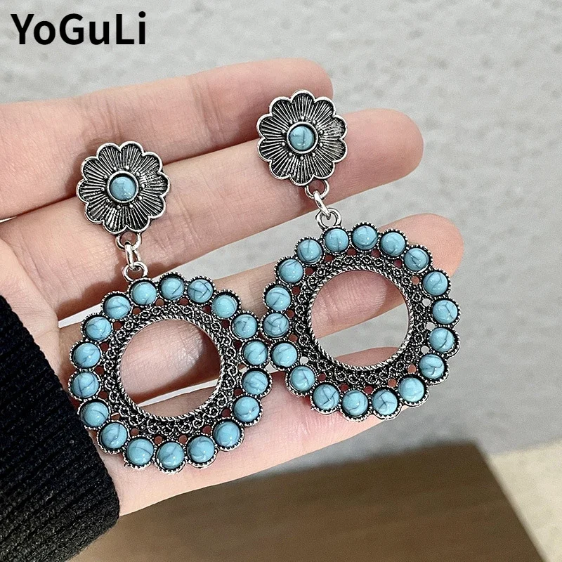 

Fashion Jewelry Vintage Temperament Blue Bead Round Dangle Earrings For Women Party Gifts Delicate Design Ear Accessories