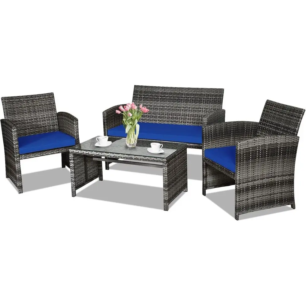 

Blue Outdoor Rattan Patio Furniture Set with Cushions and Tempered Glass for Garden, Pool, or Backyard