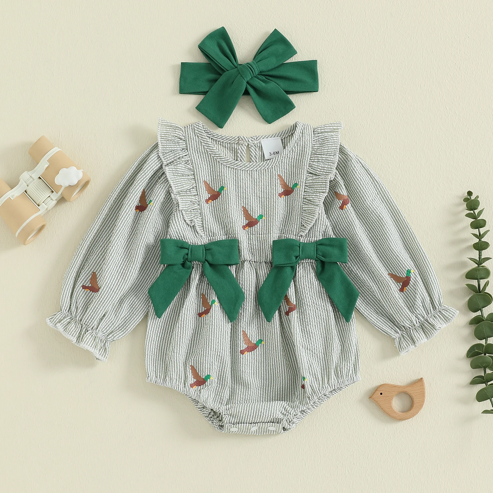 

Tregren 0-18M Infant Baby Girls Striped Romper Duck Embroidery Ruffled Long Sleeve Bubble Jumpsuit with Headband Clothes