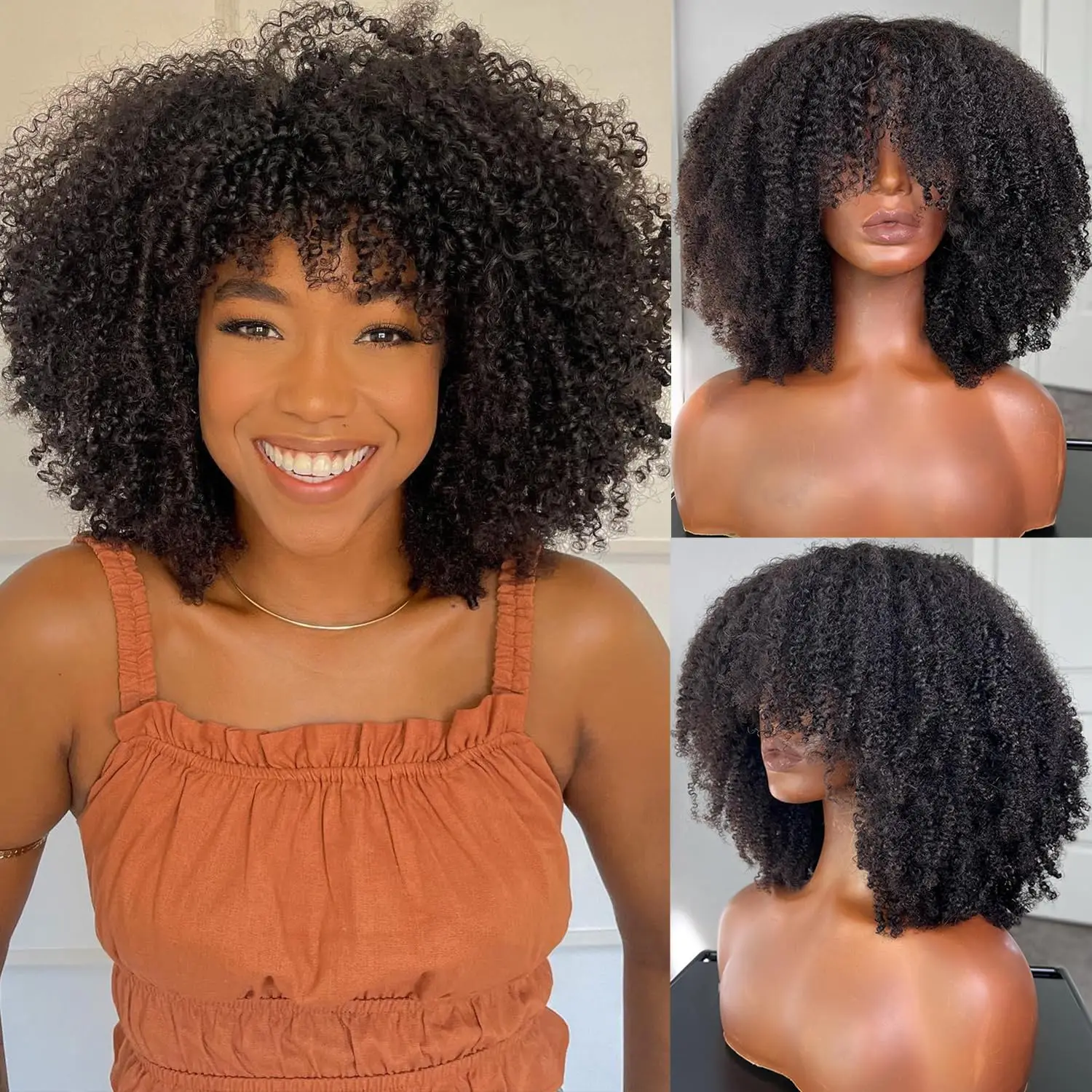 Afro Kinky Curly Wig With Bangs Human Hair For Black Women(20 Inch),200 Density Brazilian Virgin Short Curly Hair Wigs,Full