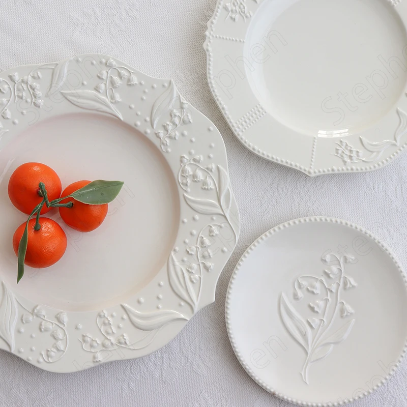 American Embossed Ceramic Plate European Modern Lily of The Valley Flower Relief Lace Dinner Plates Cake Dessert Dish Tableware